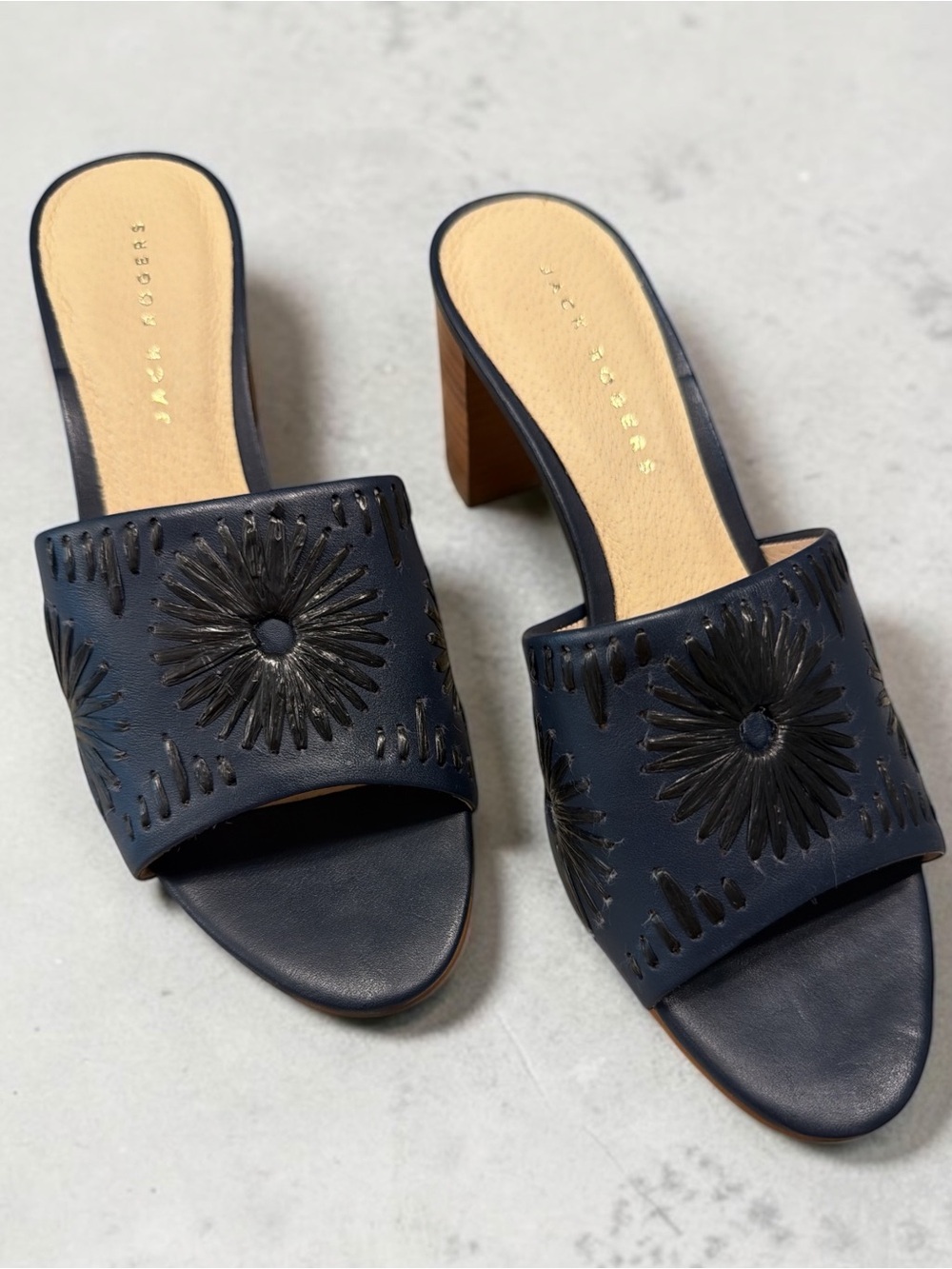 Jack Rogers Navy Leather Floral Embroidered Block Heel Mules